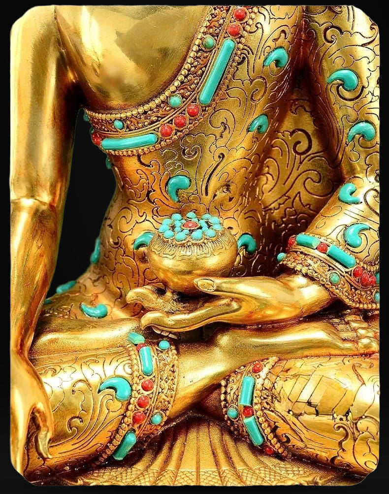 Full Gold-Plated Shakyamuni Buddha Statue with Tibetan Bead Inlays | Handmade Copper Buddhist Statue