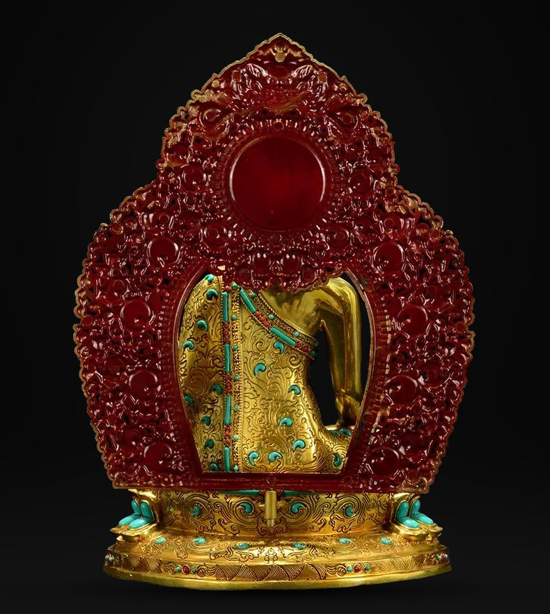 Full Gold-Plated Shakyamuni Buddha Statue with Tibetan Bead Inlays | Handmade Copper Buddhist Statue