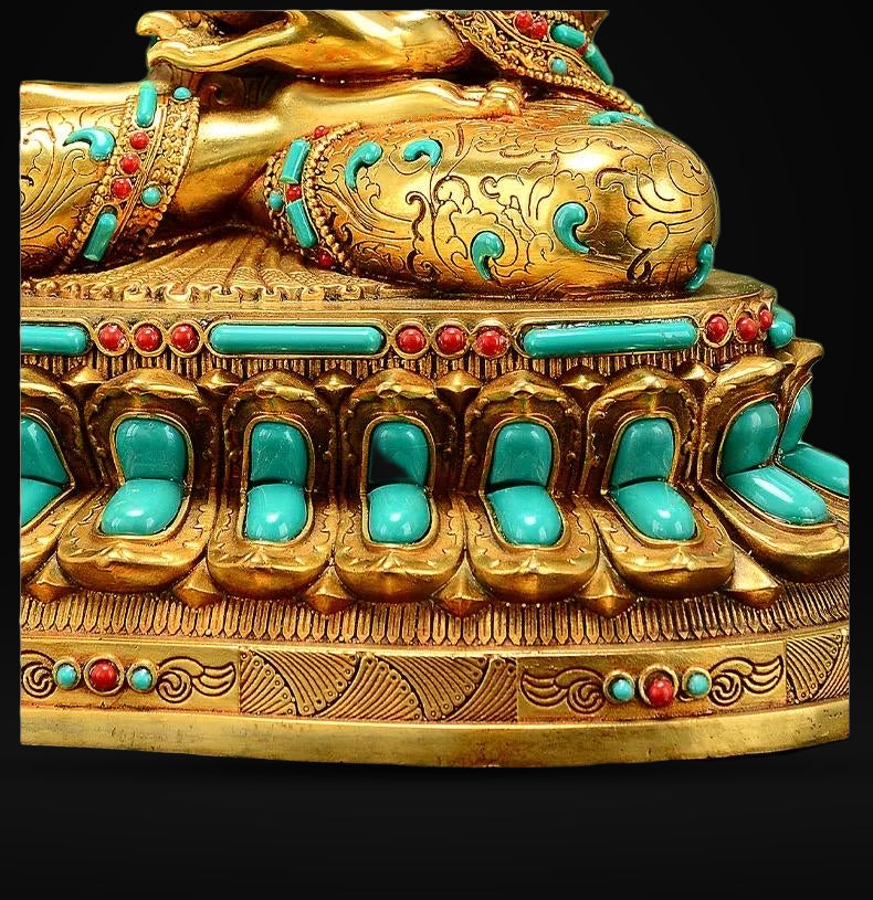 Full Gold-Plated Shakyamuni Buddha Statue with Tibetan Bead Inlays | Handmade Copper Buddhist Statue