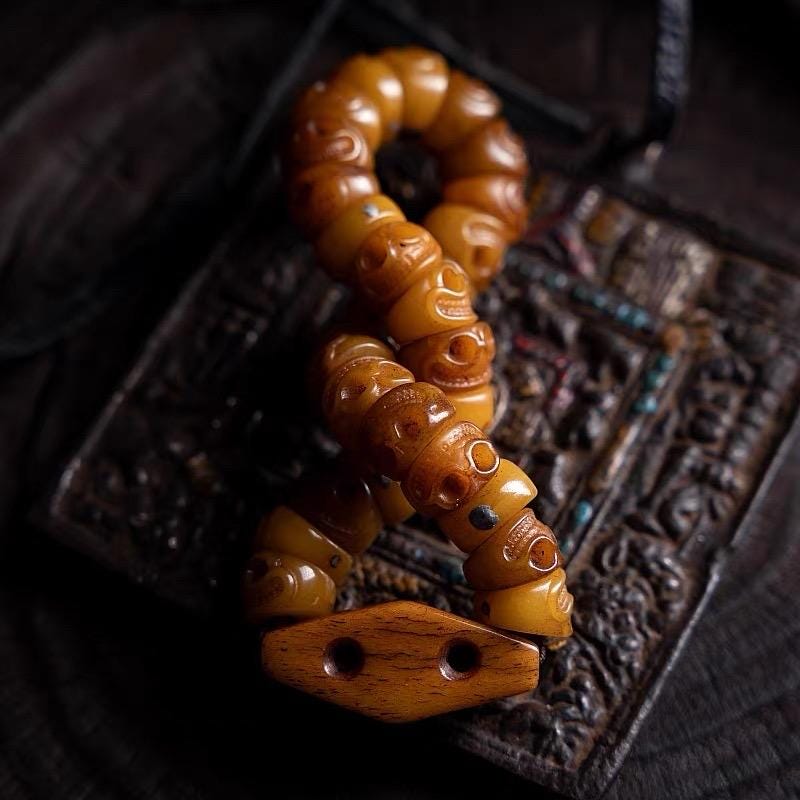 Handcrafted Tibetan Yak Bone Bracelet - Original Design Citipati Skull Mala - Hand-Cut Yak Bone Beads - Himalayan Prayer Beads for Meditatio