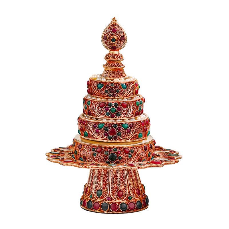 Nepali Handmade Silver Plated Filigree Mandala Plate, 10cm Inlaid Gemstones Buddhist Altar Offering, Tibetan Ritual Item