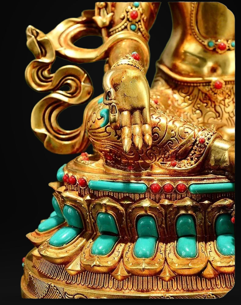 Full Gilded Green Tara Statue | Copper Buddhist Deity with Gem Inlay