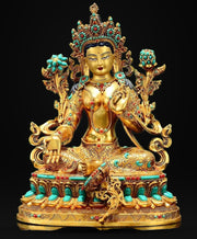 Full Gilded Green Tara Statue | Copper Buddhist Deity with Gem Inlay