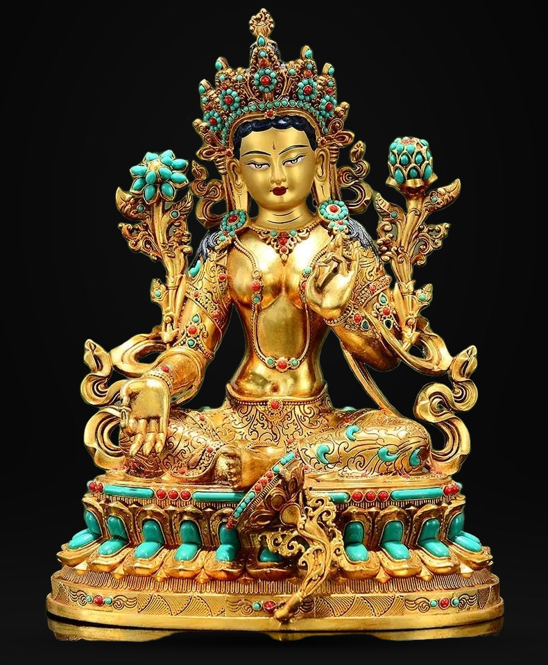 Full Gilded Green Tara Statue | Copper Buddhist Deity with Gem Inlay