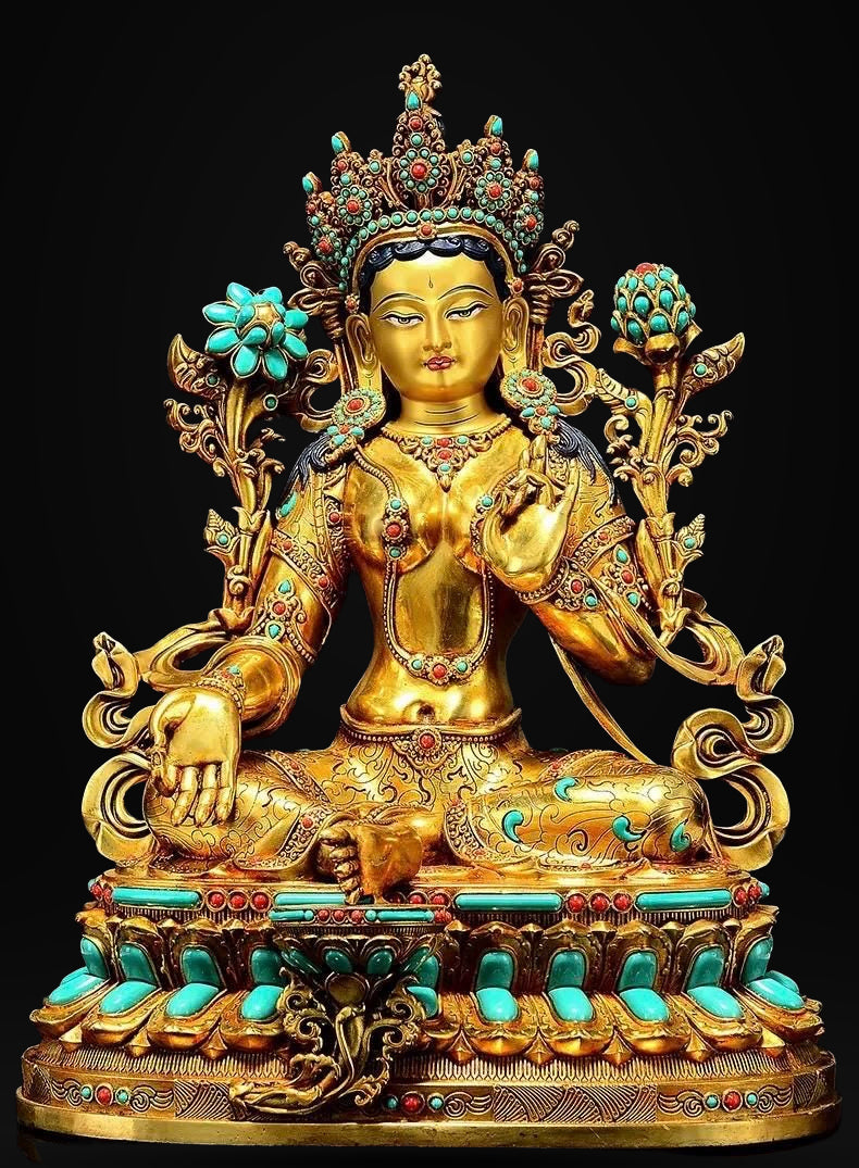 Full Gilded Green Tara Statue | Copper Buddhist Deity with Gem Inlay