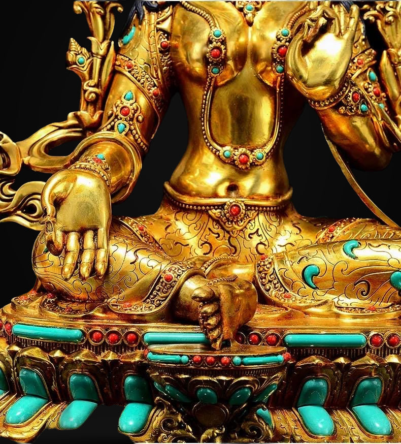 Full Gilded Green Tara Statue | Copper Buddhist Deity with Gem Inlay