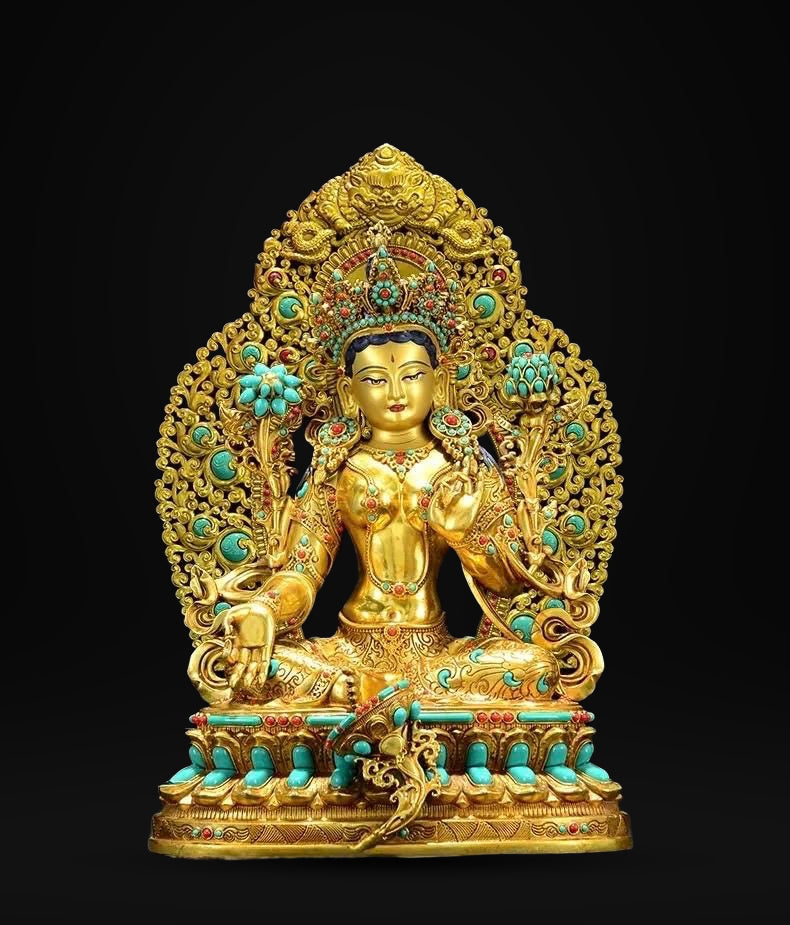 Full Gilded Green Tara Statue | Copper Buddhist Deity with Gem Inlay