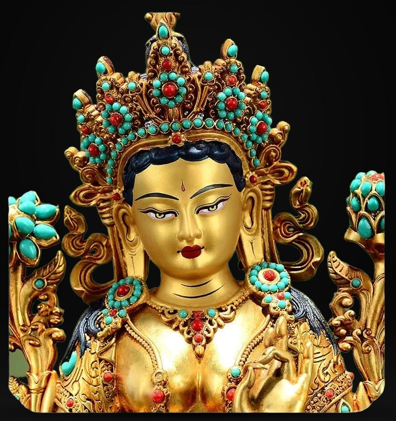 Full Gilded Green Tara Statue | Copper Buddhist Deity with Gem Inlay
