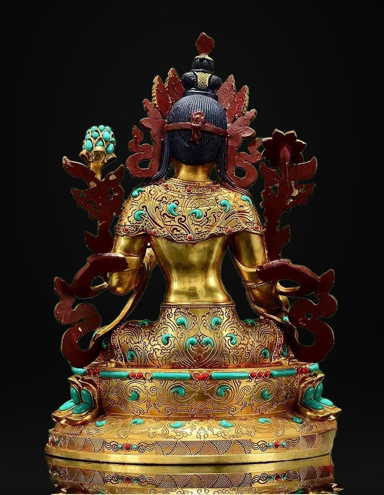 Full Gilded Green Tara Statue | Copper Buddhist Deity with Gem Inlay