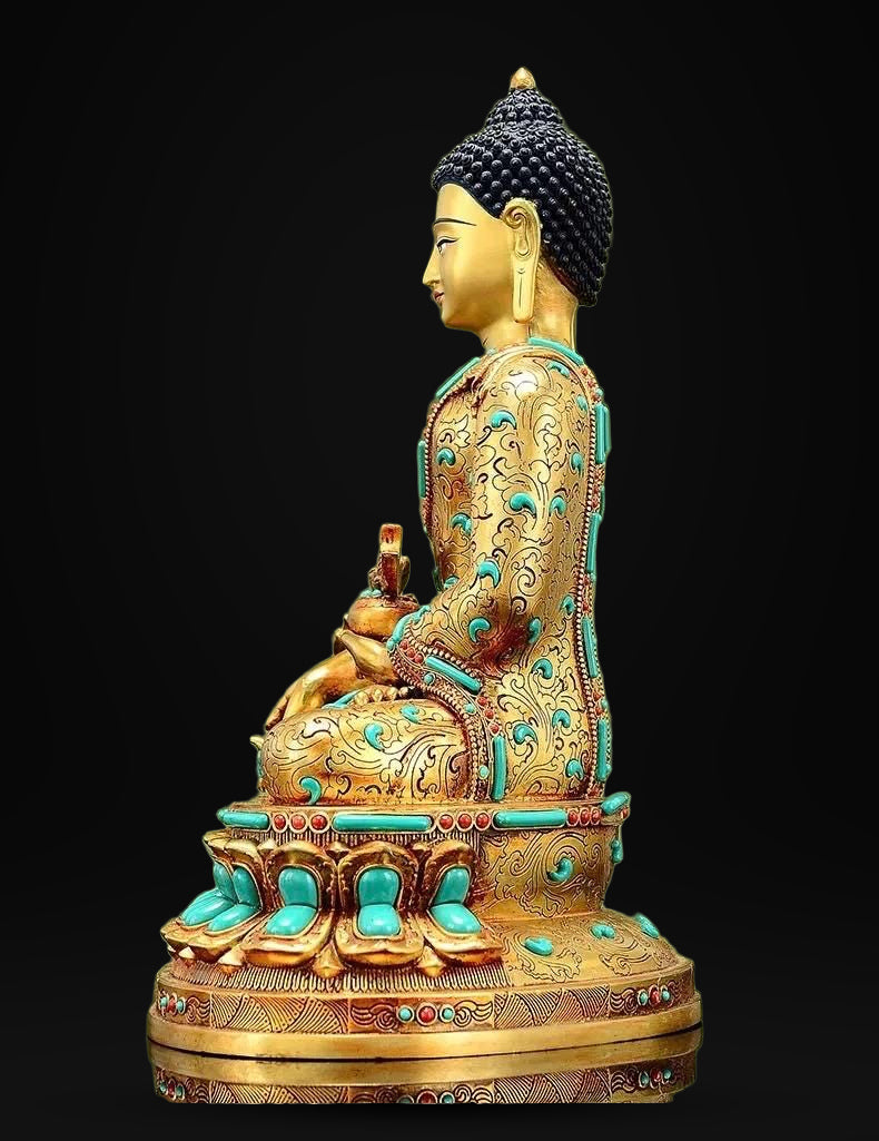 Full Gilded Medicine Buddha Statue | Copper Bhaisajyaguru with Gem Inlay
