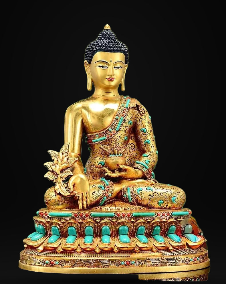 Full Gilded Medicine Buddha Statue | Copper Bhaisajyaguru with Gem Inlay