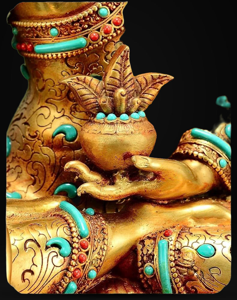 Full Gilded Medicine Buddha Statue | Copper Bhaisajyaguru with Gem Inlay