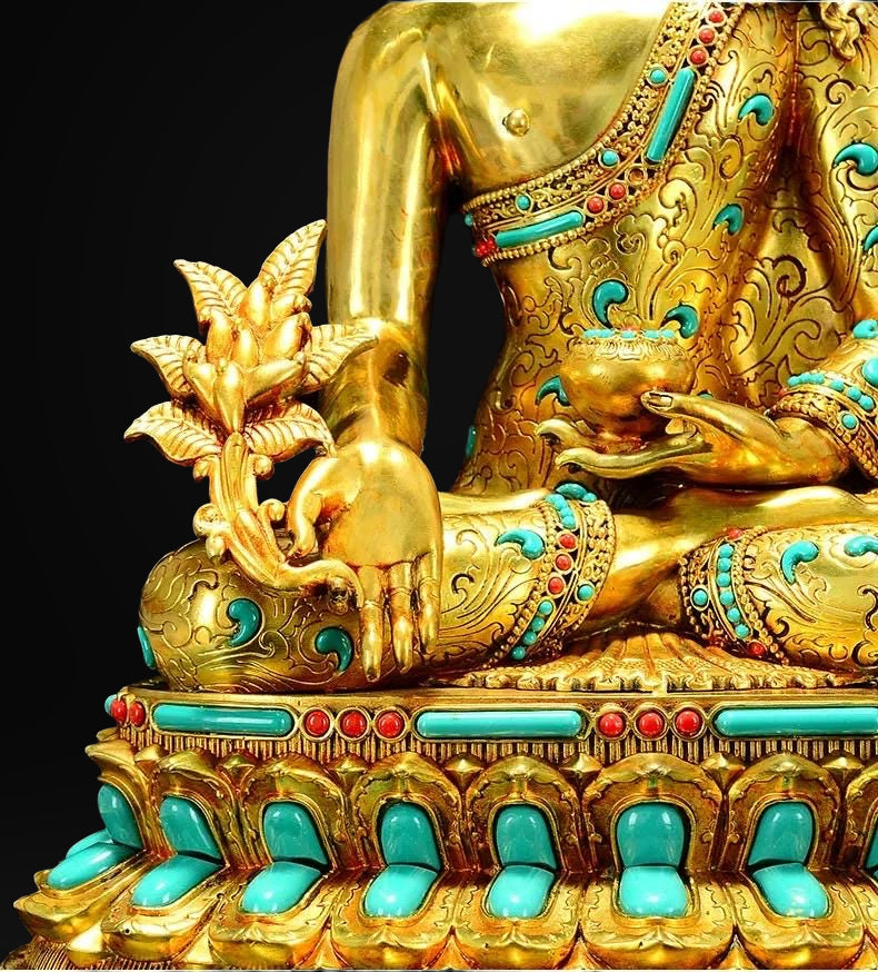 Full Gilded Medicine Buddha Statue | Copper Bhaisajyaguru with Gem Inlay
