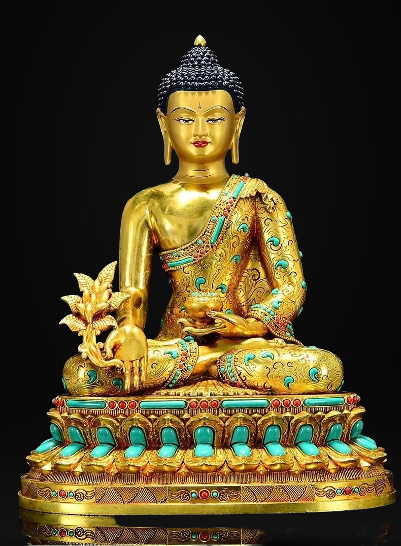 Full Gilded Medicine Buddha Statue | Copper Bhaisajyaguru with Gem Inlay