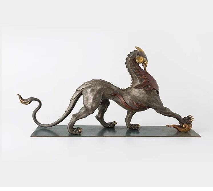 Mythical Beast Pi Xiu Statue, Chinese Guardian Lion Color Copper Art, Feng Shui Home Office Decor, Housewarming Gift, Good Luck Sculpture