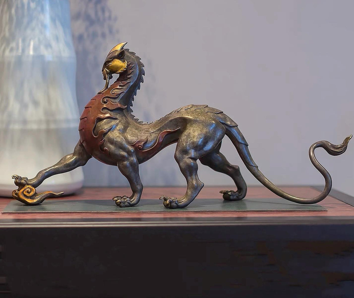 Mythical Beast Pi Xiu Statue, Chinese Guardian Lion Color Copper Art, Feng Shui Home Office Decor, Housewarming Gift, Good Luck Sculpture