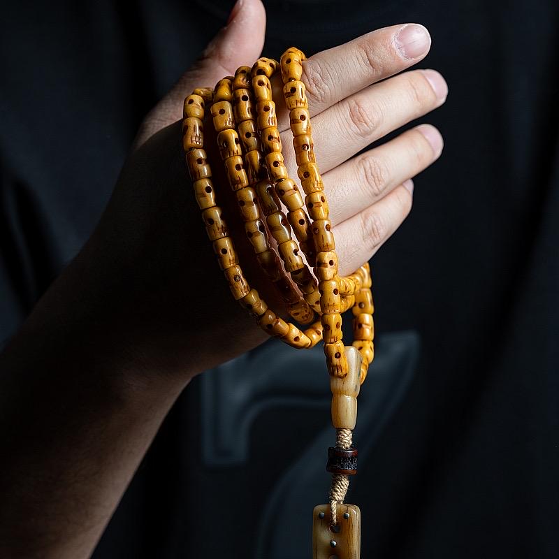 Handmade Tibetan Yak Bone Skull Mala - 108 Prayer Beads for Meditation, Buddhist Ritual, Unique Gothic Jewelry, Natural Old Ox Bone Carving