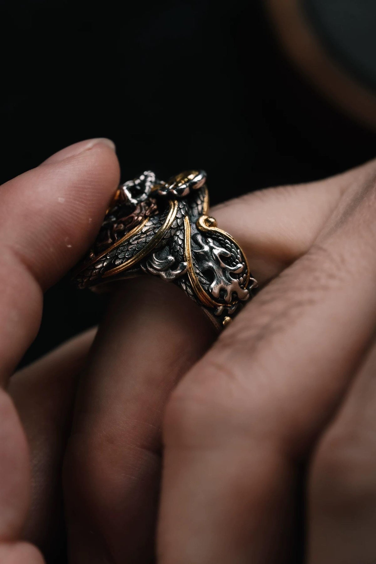 Original Green Snake Ring, Hand-Carved 925 Sterling Silver Gold Plated Men's Ring, Chinese Zodiac Year of the Snake Jewelry