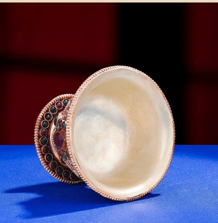 Handmade Silver Plated Copper Water Offering Bowl, 8cm Filigree Cup Inlaid with Gemstones, Tibetan Ritual Altar Supplies, Spiritual Gift