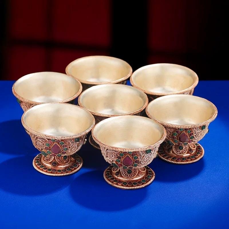 Handmade Silver Plated Copper Water Offering Bowl, 8cm Filigree Cup Inlaid with Gemstones, Tibetan Ritual Altar Supplies, Spiritual Gift