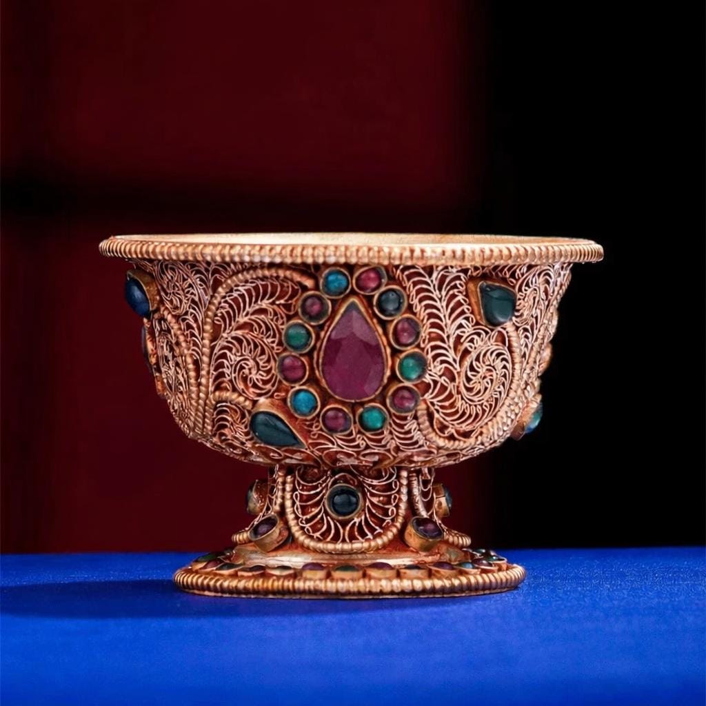 Handmade Silver Plated Copper Water Offering Bowl, 8cm Filigree Cup Inlaid with Gemstones, Tibetan Ritual Altar Supplies, Spiritual Gift