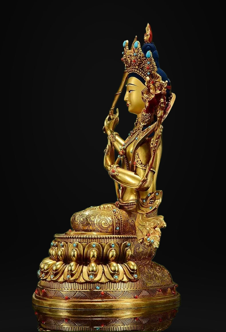 Manjushri Buddha Statue, Fully Gilded Gold Manjushri Copper Sculpture, Manjusri Bodhisattva Wisdom Buddha Home Decor, Sacred Buddhist Art