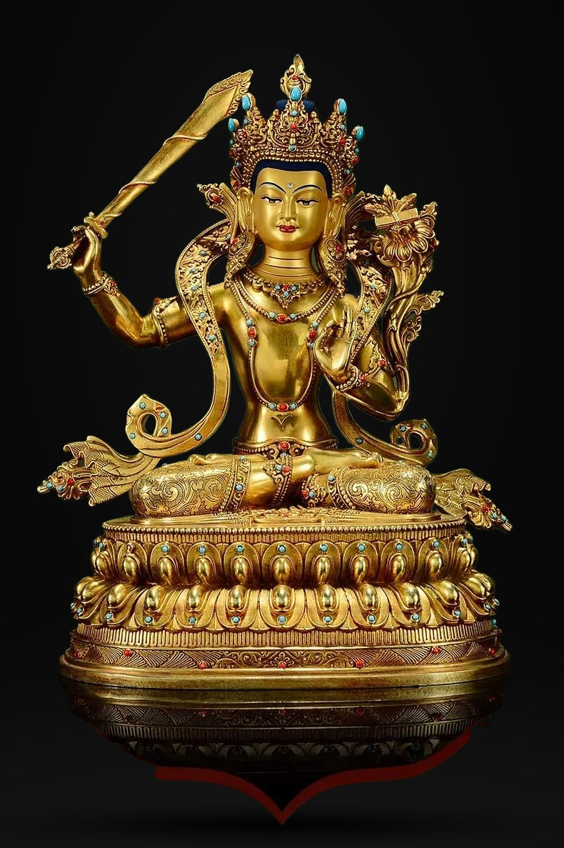 Manjushri Buddha Statue, Fully Gilded Gold Manjushri Copper Sculpture, Manjusri Bodhisattva Wisdom Buddha Home Decor, Sacred Buddhist Art