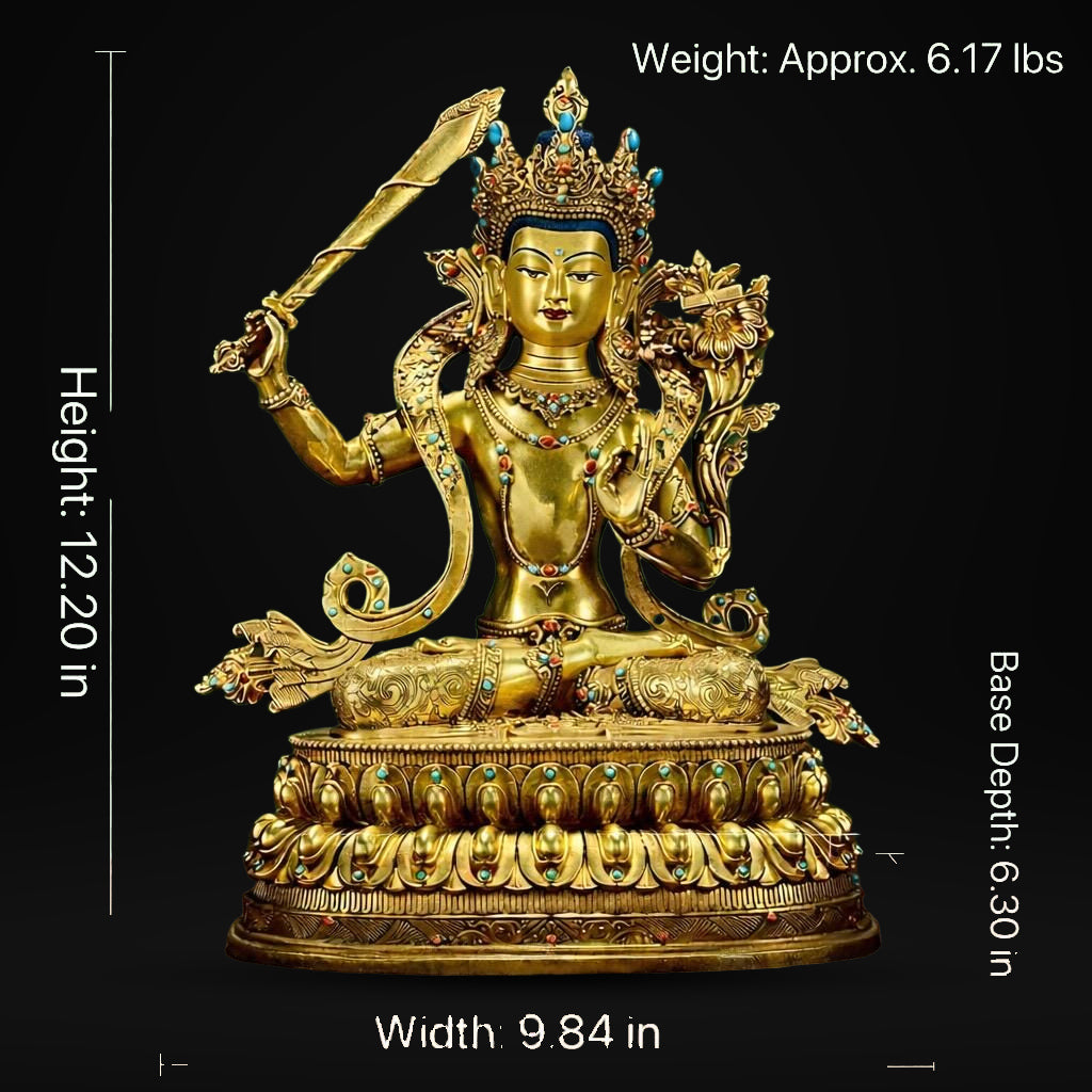 Manjushri Buddha Statue, Fully Gilded Gold Manjushri Copper Sculpture, Manjusri Bodhisattva Wisdom Buddha Home Decor, Sacred Buddhist Art