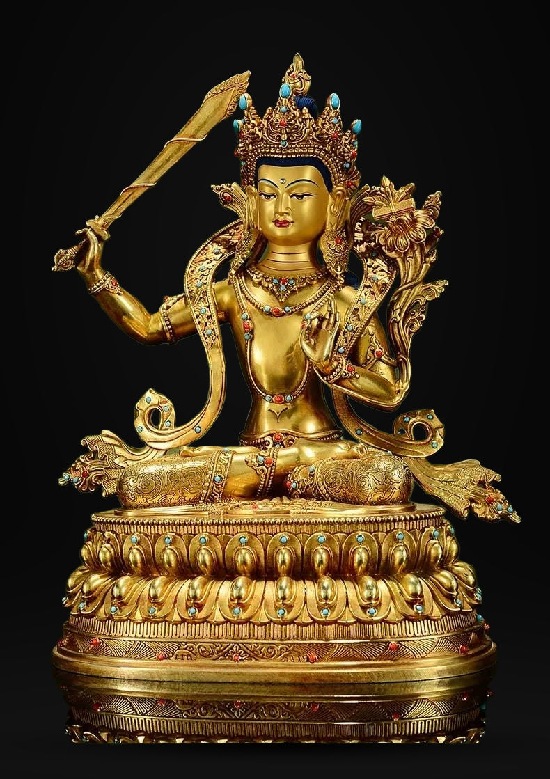 Manjushri Buddha Statue, Fully Gilded Gold Manjushri Copper Sculpture, Manjusri Bodhisattva Wisdom Buddha Home Decor, Sacred Buddhist Art