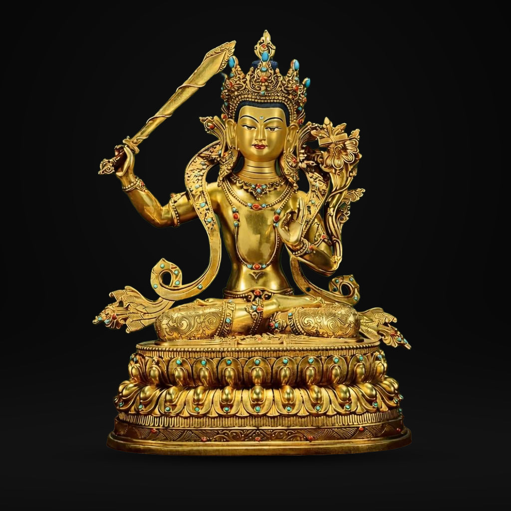 Manjushri Buddha Statue, Fully Gilded Gold Manjushri Copper Sculpture, Manjusri Bodhisattva Wisdom Buddha Home Decor, Sacred Buddhist Art
