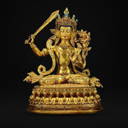 Manjushri Buddha Statue, Fully Gilded Gold Manjushri Copper Sculpture, Manjusri Bodhisattva Wisdom Buddha Home Decor, Sacred Buddhist Art