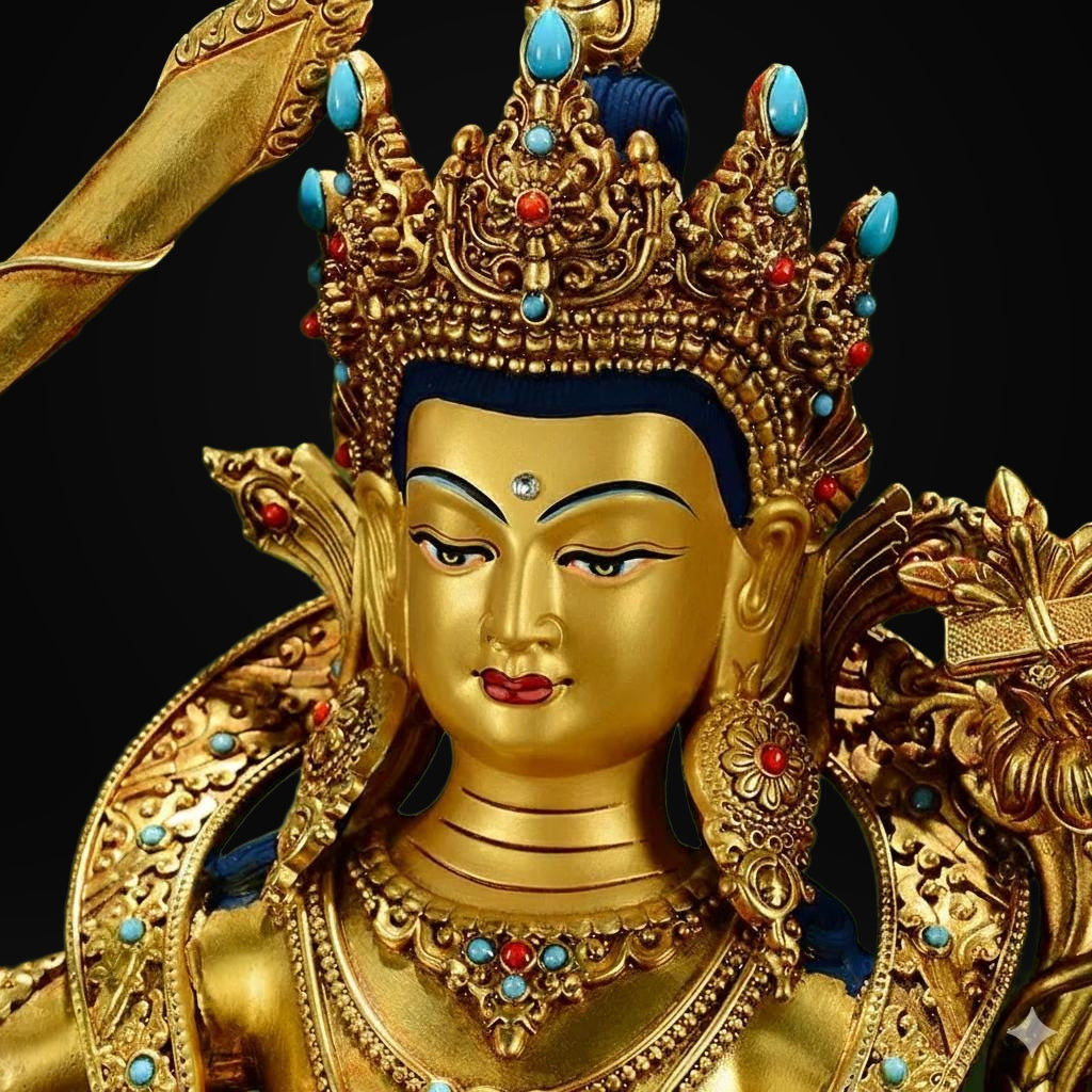 Manjushri Buddha Statue, Fully Gilded Gold Manjushri Copper Sculpture, Manjusri Bodhisattva Wisdom Buddha Home Decor, Sacred Buddhist Art