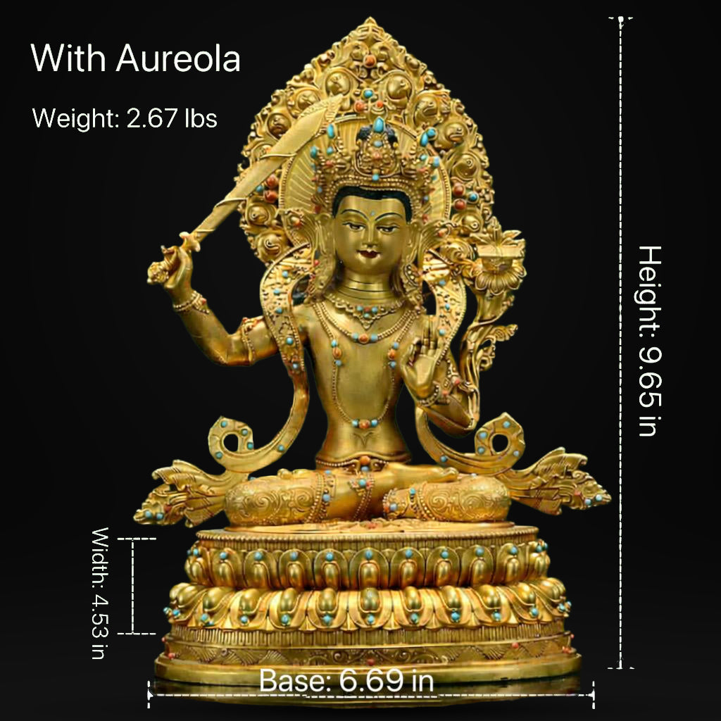 Manjushri Buddha Statue, Fully Gilded Gold Manjushri Copper Sculpture, Manjusri Bodhisattva Wisdom Buddha Home Decor, Sacred Buddhist Art