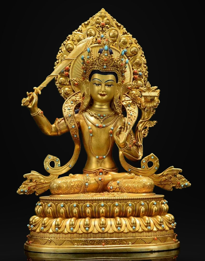 Manjushri Buddha Statue, Fully Gilded Gold Manjushri Copper Sculpture, Manjusri Bodhisattva Wisdom Buddha Home Decor, Sacred Buddhist Art