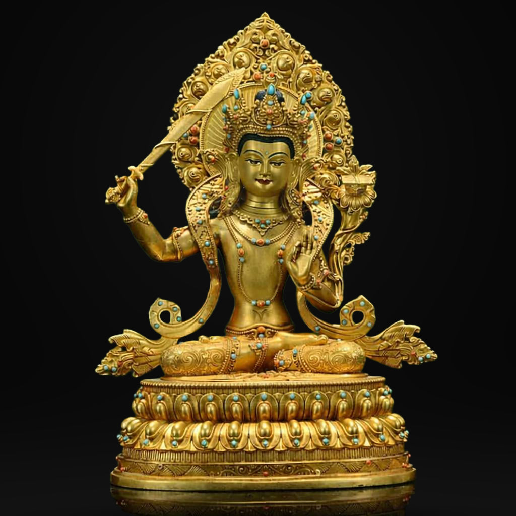 Manjushri Buddha Statue, Fully Gilded Gold Manjushri Copper Sculpture, Manjusri Bodhisattva Wisdom Buddha Home Decor, Sacred Buddhist Art