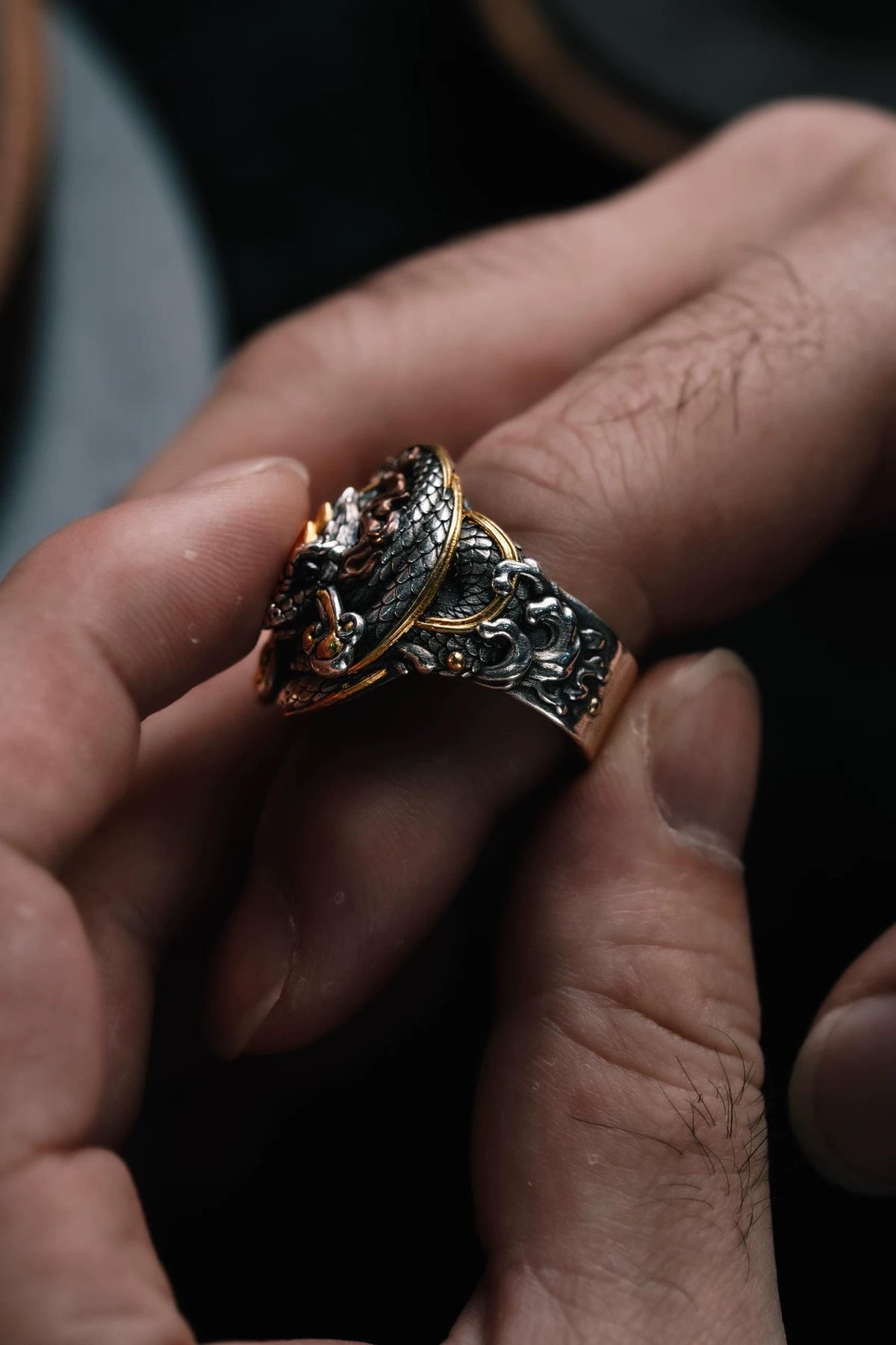 Original Green Snake Ring, Hand-Carved 925 Sterling Silver Gold Plated Men's Ring, Chinese Zodiac Year of the Snake Jewelry