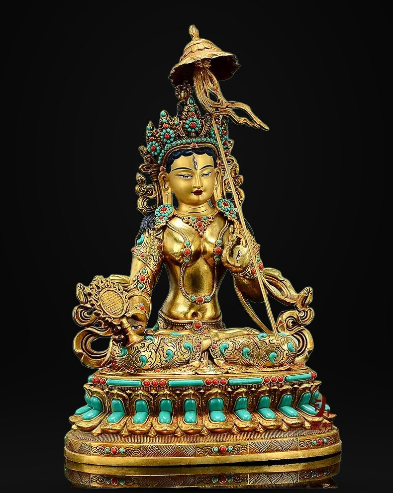 Gilded Copper Sitatapatra Statue, White Umbrella Goddess, Dukkar Buddha, Inlaid Colorful Beads, Tibetan Buddhist Art for Home Decor Altar