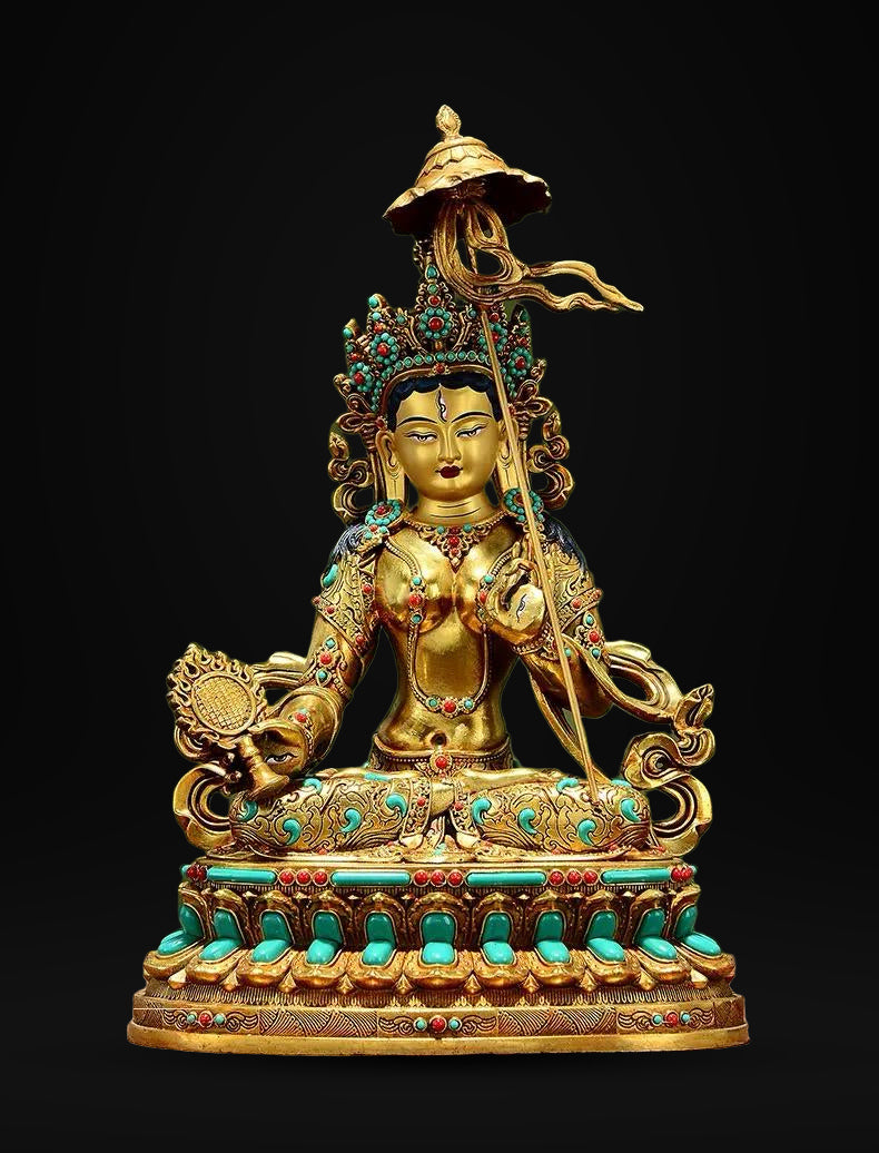 Gilded Copper Sitatapatra Statue, White Umbrella Goddess, Dukkar Buddha, Inlaid Colorful Beads, Tibetan Buddhist Art for Home Decor Altar
