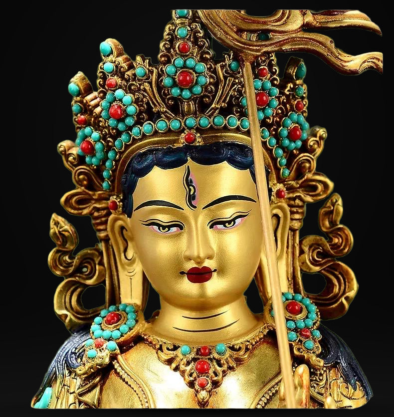 Gilded Copper Sitatapatra Statue, White Umbrella Goddess, Dukkar Buddha, Inlaid Colorful Beads, Tibetan Buddhist Art for Home Decor Altar