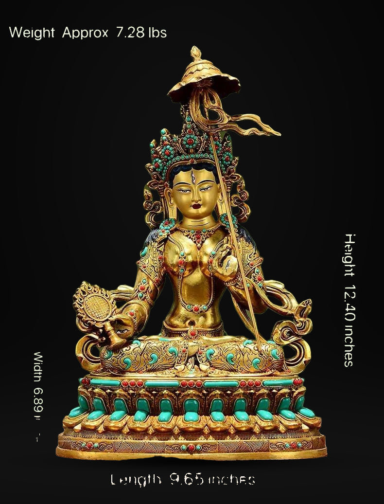 Gilded Copper Sitatapatra Statue, White Umbrella Goddess, Dukkar Buddha, Inlaid Colorful Beads, Tibetan Buddhist Art for Home Decor Altar