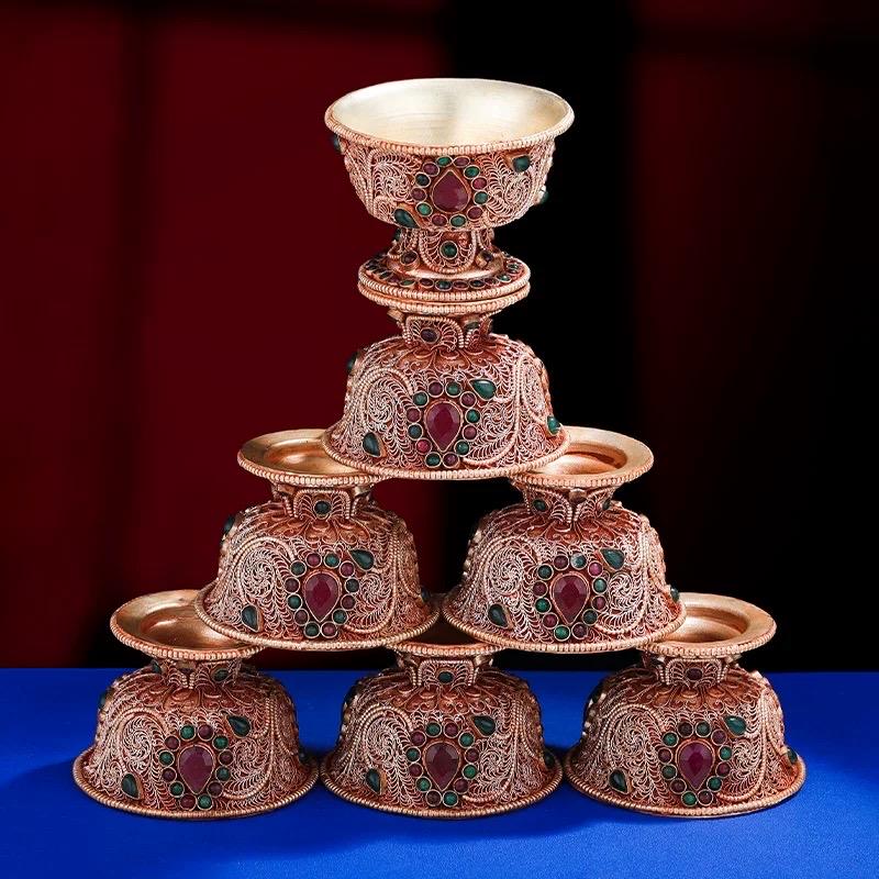 Handmade Silver Plated Copper Water Offering Bowl, 8cm Filigree Cup Inlaid with Gemstones, Tibetan Ritual Altar Supplies, Spiritual Gift