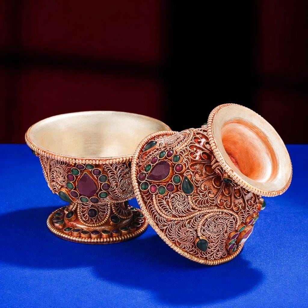Handmade Silver Plated Copper Water Offering Bowl, 8cm Filigree Cup Inlaid with Gemstones, Tibetan Ritual Altar Supplies, Spiritual Gift