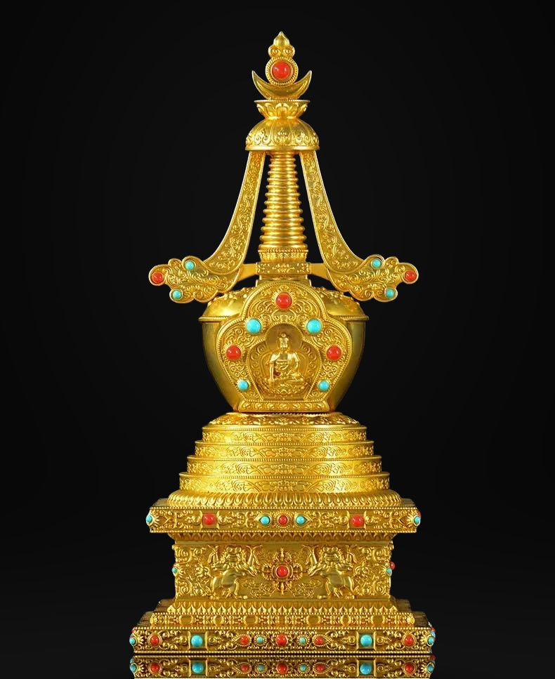 Gold Gilt Brass Buddhist Stupa Pagoda | Tibetan Relic Tower | Sacred Altar & Meditation Home Decor