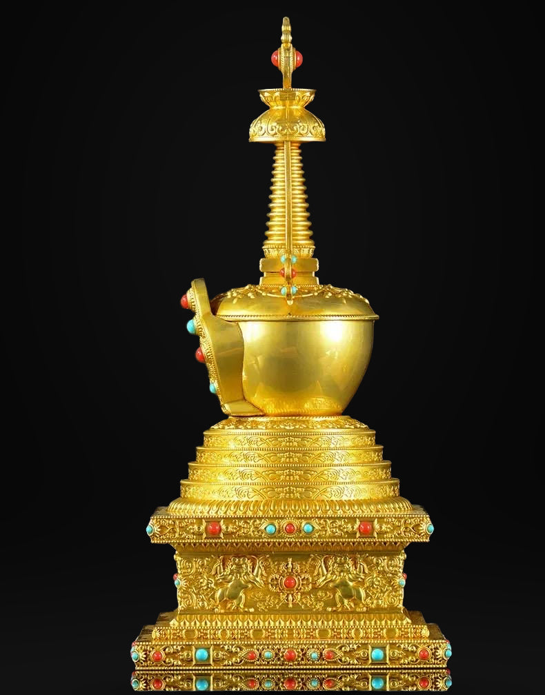 Gold Gilt Brass Buddhist Stupa Pagoda | Tibetan Relic Tower | Sacred Altar & Meditation Home Decor