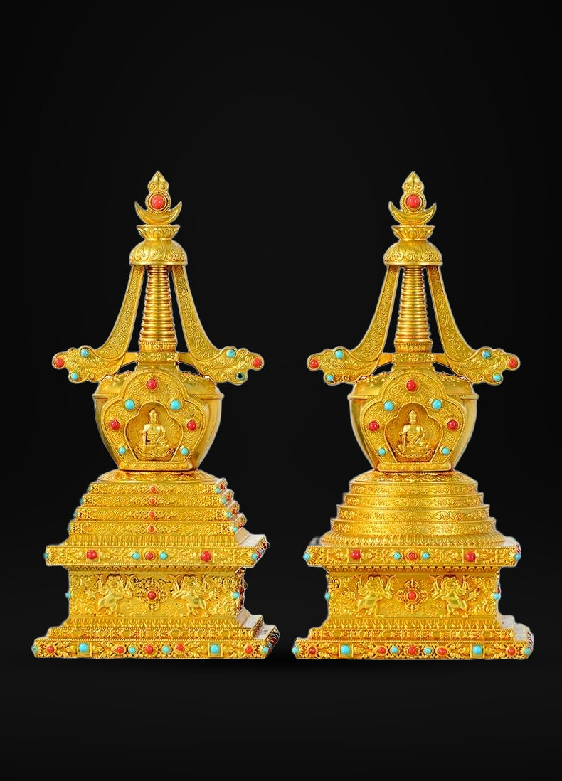 Gold Gilt Brass Buddhist Stupa Pagoda | Tibetan Relic Tower | Sacred Altar & Meditation Home Decor
