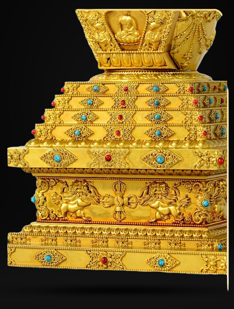 Gold Gilt Brass Buddhist Stupa Pagoda | Tibetan Relic Tower | Sacred Altar & Meditation Home Decor