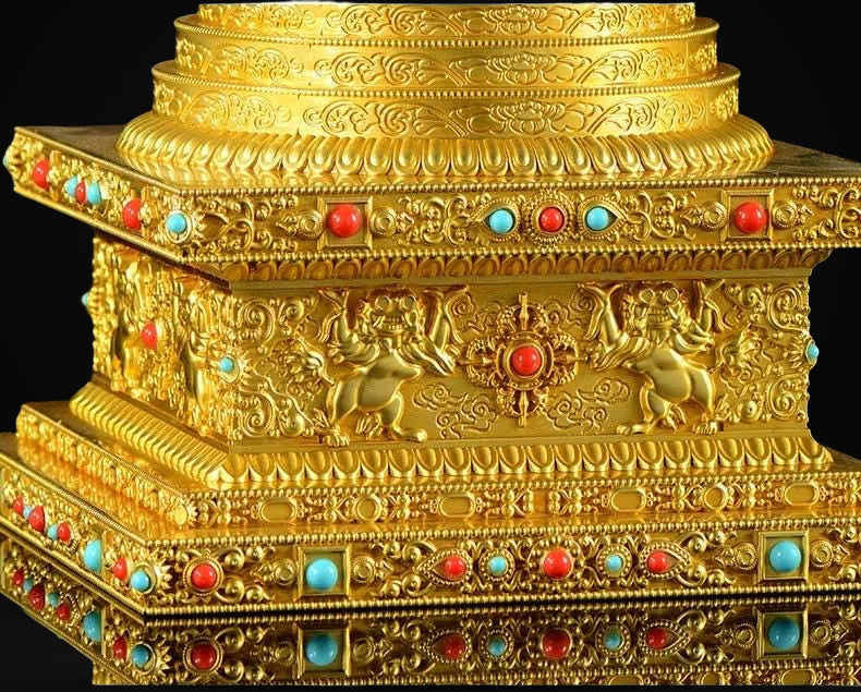 Gold Gilt Brass Buddhist Stupa Pagoda | Tibetan Relic Tower | Sacred Altar & Meditation Home Decor