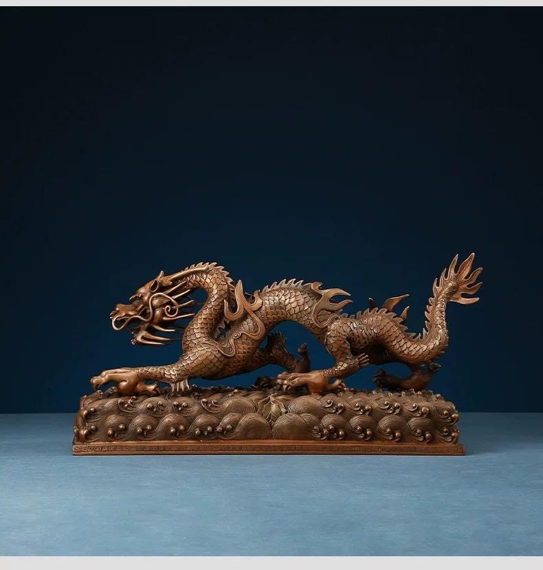 Handmade Pure Copper Dragon Statue - Chinese Bronze Jiao-Long Sculpture, Zen Home Office Decor, Feng Shui Figurine for Wealth & Protection