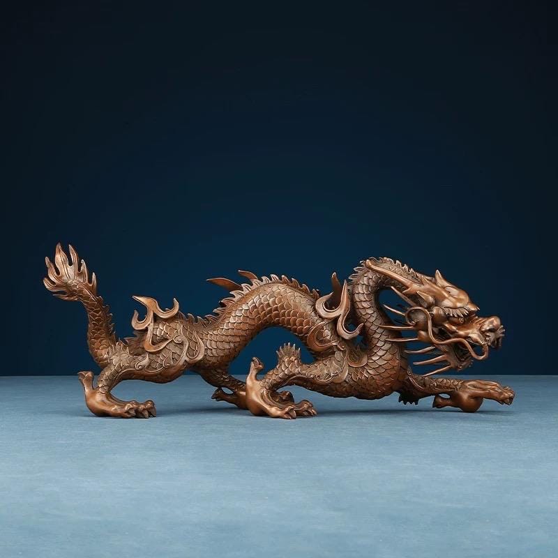 Handmade Pure Copper Dragon Statue - Chinese Bronze Jiao-Long Sculpture, Zen Home Office Decor, Feng Shui Figurine for Wealth & Protection