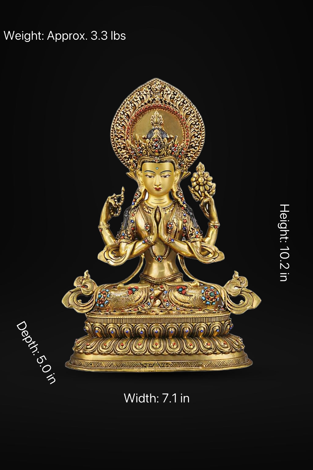Tibetan Four-Armed Chenrezig Statue - 10" Bronze Avalokiteshvara Buddha Figurine for Home Altar Sacred Buddhist Decor